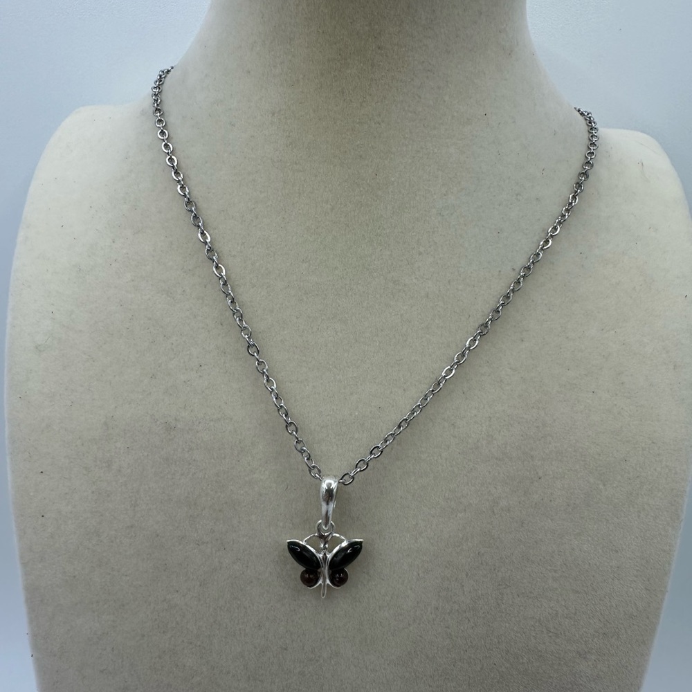 Elegant & Simple Cherry Amber Silver Butterfly Pendant on Stainless Steel Chain - Picture 6 of 9